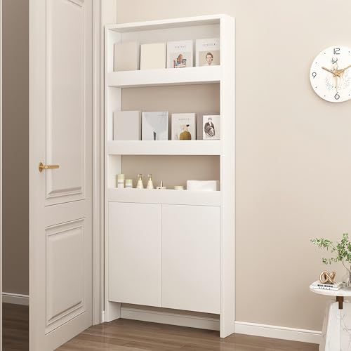 LHIUGE Behind The Door Bookshelf,5-Shelf Bookcase with Storage and Privacy Doors, Wooden Storage Cabinet Behind The Door Suitable for: Bedroom, Living Room, Office(White)