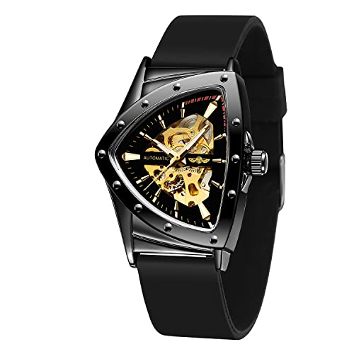 FORSINING New Men Waterproof Skeleton Triangular Mechanical Wrist Watch with Silicone Strap, Gold and Black, Modern