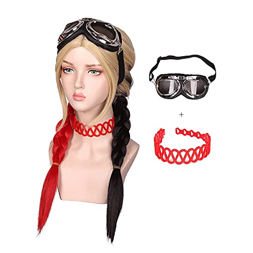 Wig with Necklace and Goggle Set for Halloween Blonde with Black and RedCosplay Wig for Women