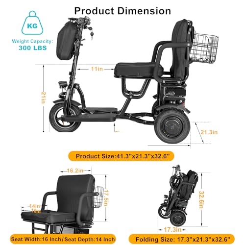 Folding 3-Wheel Electric Scooter Lightweight Mobility Scooter Foldable Powered Scooter for Adults & Seniors, Detachable Lithium Battery, Long Range 20 Miles, Max Load 300lbs, 3+1 Speed (Black) - Thumbnail 3