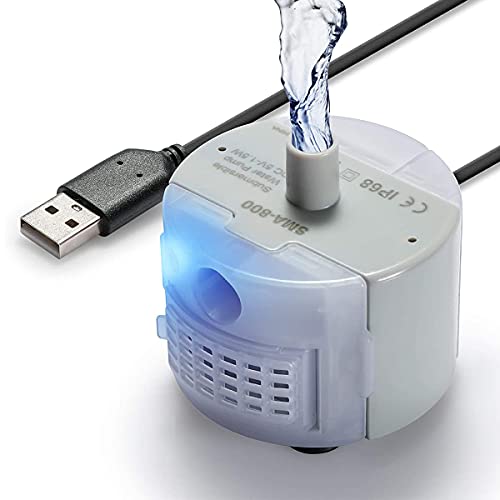 Ersatzpumpe für Katzenbrunnen, Homrich Haustier Wasserpumpe Trinkbrunnenpumpe für 2.5L Edelstahl Trinkbrunnen Katzentrinkbrunnen, DC5V 1.5W Verbrauchsarme Pumpe mit LED-Licht, USB-Kabel, Super Leise Cover