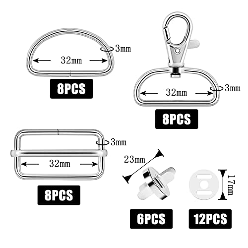 D rings for Bag Making Supplies 30Pcs 32mm Metal Buckles with Magnetic Buttons D rings Heavy Duty Bag Making Hardware Slide Buckle for Bag,Wallet,Dog Collars,DIY Crafts,Hardware Fasteners(Silver) - Image 2