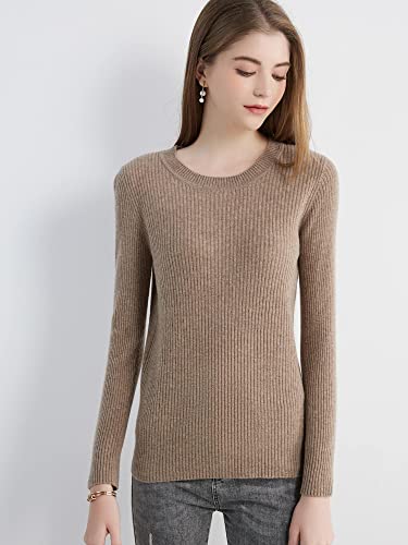 Liny Xin 100% Merino Wool Sweater Women Spring Crewneck Long Sleeve Lightweight Soft Knitted Pullover Tops (Tan,S) #TOP2