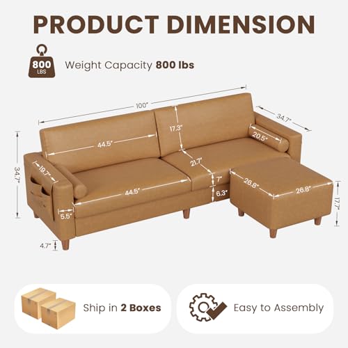Image of Vesgantti 100 inch Faux Leather Sofa with Movable Ottoman, Wide Seating L Shaped PU Leather Couch with Side Pocket, Comfy Mid Century Modern Modular Sectional Sofa for Living Room, Office, Camel