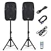 AKUSTIK Dual 2-Way Powered PA Speaker System, Portable DJ Speaker with Active + Passive Speakers, 2 Speaker Stands, Microphone, Bluetooth, USB/SD Card, FM Radio, Remote Control (Dual x 12 Inch)