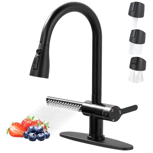 Kitchen Faucet with Pull Down Sprayer: ARCORA Matte Black 3-Function Kitchen Sink Faucets for 1 or 3 Hole - Stainless Steel Single Handle Waterfall Kitchen Faucet for Farmhouse RV Laundry