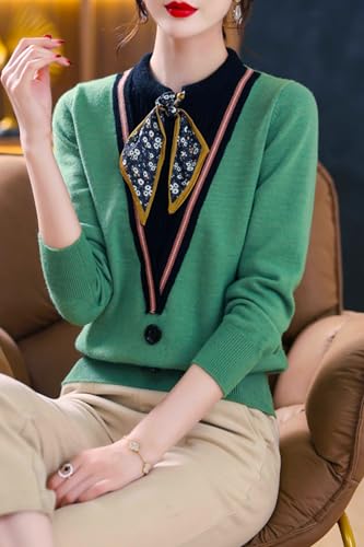 Image of LAI MENG FIVE CATS Women's Fall Tie Neck Sweater Shirt Long Sleeve Patchwork Knit Retro Pullover Tops