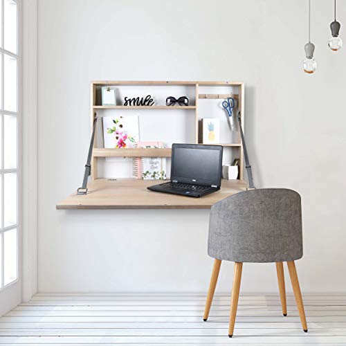 PRINZ Work from Home Wall-Mounted Desk, Light Brown Folding Desk with Chalkboard Front, Space-Saving Floating Desk Design, Ready to Hang, Interior Shelves, 36 x 24 x 5 Inches