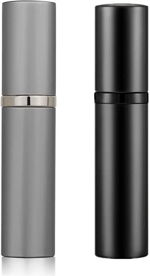 Atomizador de perfume, mini frascos de spray de perfume portáteis e recarregáveis, pacote com 2, dispensadores, atomizadores com bomba para viagem, 5 ml/preto e prata