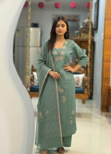 Image of ANNI Designer Women's Rayon Viscose Straight Printed Embroidered Kurta with Pant & Dupatta | Ethnic Kurta Set for Women | Daily, Office & Festive Traditional