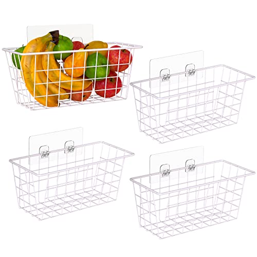 Adhesive Basket Wall Wire Basket Over Cabinet Door Organizer 4 Pack, White | Wire Construction, Wall Hanging