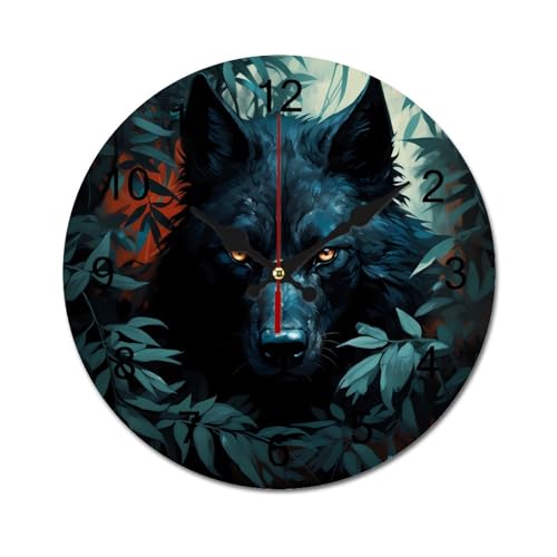 Horloge murale en bois loup noir 34cm rétro pour salon et cuisine chaleureuse
