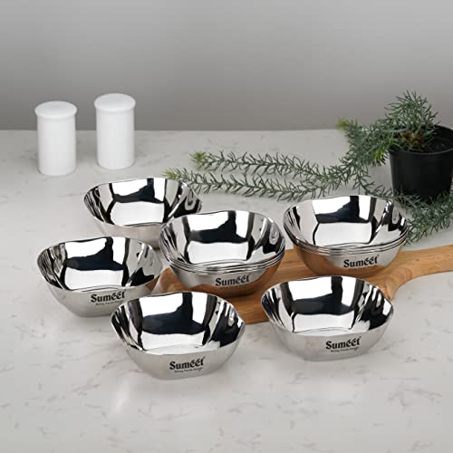 Image of Sumeet Heavy Gauge Stainless Steel Apple Square Bowl /Wati /Katori with Mirror Finish - 11cm Dia, Set of 12pc, 350ML Each - Silver