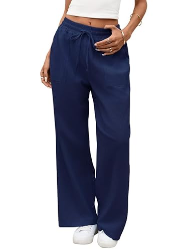 CrystErzoix Damenhose Sommer Leinenhose Damen Stoffhose Sommerhose Leicht Lockere Palazzo Hose Bequeme Elegante Relaxhose, Marineblau XL