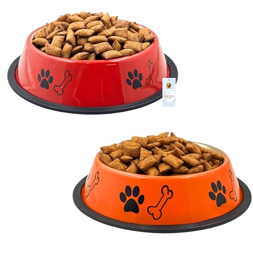 Image of Foodie Puppies Stainless Steel Dog Bowl Combo - (Medium, 700ml) Food and Water Feeding Gift Bowl | Suitable for Dogs, Cats and Other Pets I Paw Bone Print, Anti-Skid Rubber Base (Red + Orange)