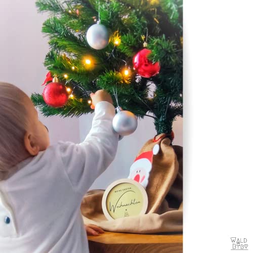 Holzrahmen mit Meilensteinkarten Baby I 46 Meilensteine auf Deutsch + Ständer und Maßband in Set I Geschenk zur Geburt/Babyparty für Schwangere, Werdende Mütter, Werdende Eltern Perfekt Geschenkidee