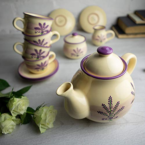 Handmade Lavender Floral Purple And Ceramic Teapot Set, Large 1,7L/60Oz/4-6 Cup Teapot, Milk Jug, Sugar Bowl, Four Cups And Saucers Tea Set, Pottery Housewarming For Tea Lovers By City To Cottage® #TOP1