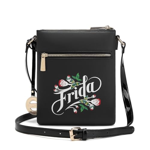 Frida Kahlo Viva La Vida Crossbody Bag, Black Floral Art Design, Multi-Compartment with Gold Hardware and Patent Leather by Frida Kahlo - Used condition - Image 2