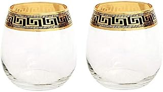 ArtDecor STEMLESS/2, 2 Piece Tumbler Glasses With Greek Key Design Clear/Gold/Black