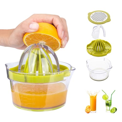Manueller Multifunktions-Entsafter für Zitrusfrüchte, 4-in-1-Entsafter für Orangen, Zitronen, Zitrusfrüchte, mit 2 Reibahlen, 400 ml graviertes Maß (ZZJIDGN-663)