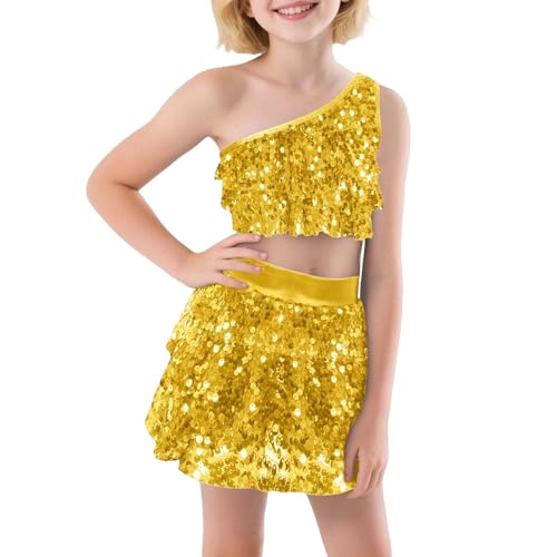 Traje de baile de lentejuelas de dos piezas para niñas, elástico, ajuste cómodo, falda y top para fiesta de baile, dorado, 8 9 años