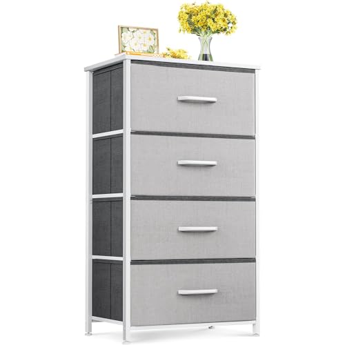 ODK Dresser for Bedroom with 4 Storage Drawers, Small Dresser Chest of Drawers Fabric Dresser with Sturdy Steel Frame, Dresser for Closet with Wood Top, Light Grey