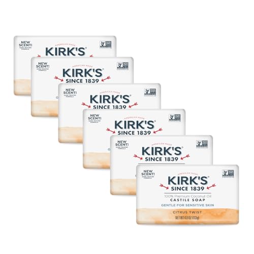 Kirks Castile Bar Soap Citrus Twist - Clinically Tested Safe for Sensitive Skin with Coconut Oil Vegan and Non-GMO - 4 oz Bars 6 Pack