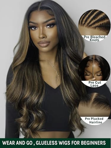 Image of KLAIYI Bye Bye Knots Glueless Ombre Brown Body Wave Pre Cut 7x5 Lace Front Wigs Human Hair Drawstring Pre Plucked Bleached Pre Everything Ready to Wear and Go Wig Highlight Balayage Colored Wig 18Inch