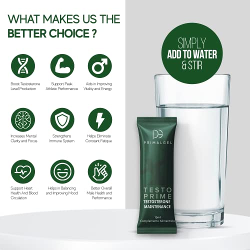 PrimalGel Suplemento Potenciador Testosterona Hombres - Fórmula Avanzada con Maca, Ginseng y Zinc - Energía, Vitalidad y Rendimiento - 100% Natural - 10 Sobres de Gel Líquido