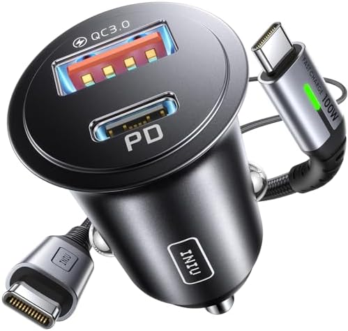 INIU Zigarettenanzünder, 60W Auto Kfz Ladegerät mit 1m 100W USB C Kable | PD3.0 Schnellladen, 2-Port, Metalllegierung, Mini Größe, für 12V USB C Adapter, für iPhone 18 17 16 Pro, i