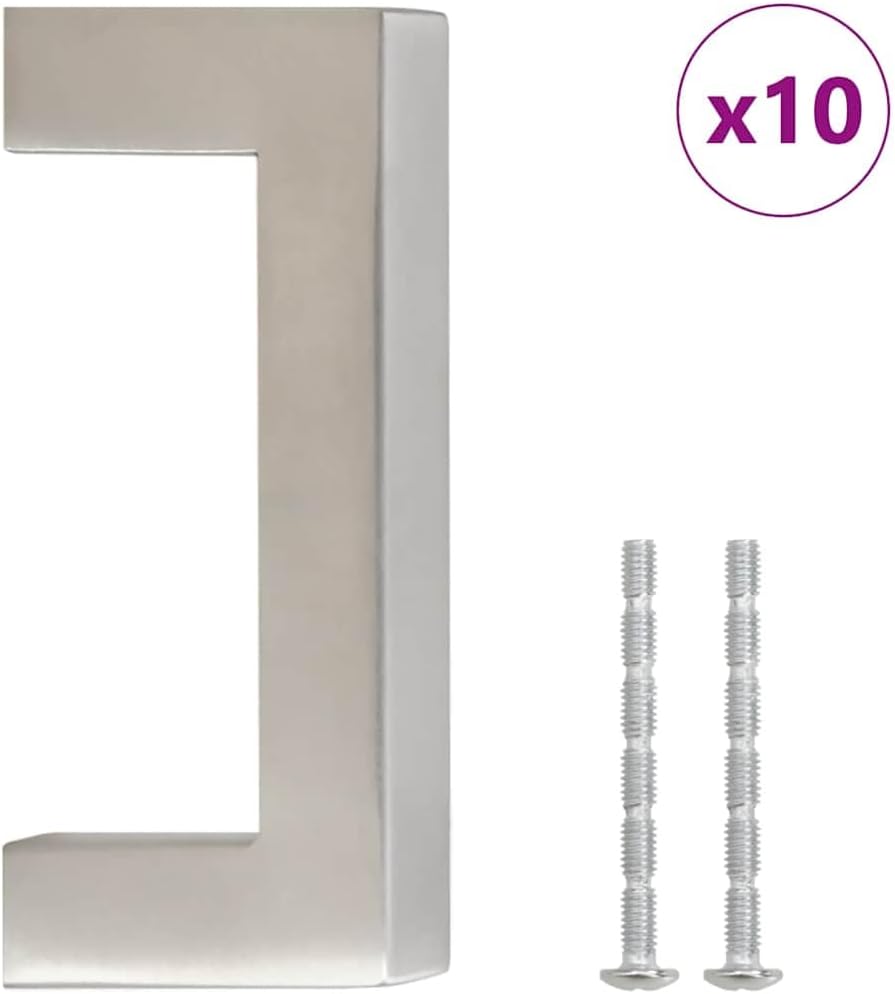 Cabinet Handles Set of 10, 3-Inch Brushed Stainless Steel Drawer Pulls, Modern Square Silver Kitchen Cupboard Hardware for Furniture, Dresser, Bathroom Cabinets