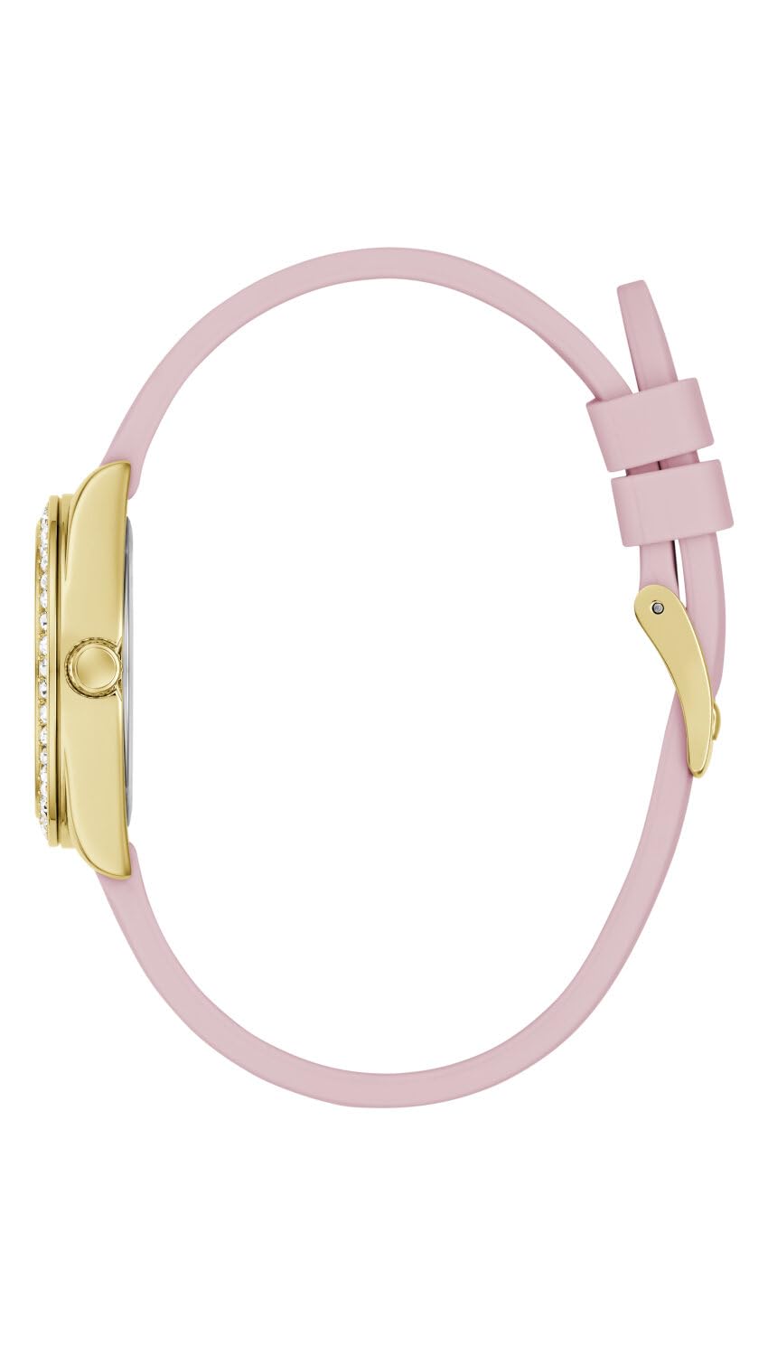 Guess Reloj de Pulsera para Mujer GW1000L2 Mini Luna de 30 mm, Acero Inoxidable Dorado, Esfera Rosa, Cuarzo, Cristal Mineral, circonita, 3 ATM, Correa de Silicona Blanca de 14 mm