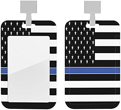 Thin Blue Line USA American Flag Badge Holder Id Card Case Wallet with Soft Lanyard for School Office Conference