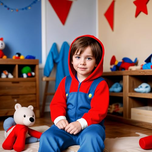 Nintendo Super Mario Brothers Boys Long Sleeve Onesie Zip Coverall with Hoodie Mario Cosplay Zip Up Onesie for Kids (Red and Blue Size 8) - image 5