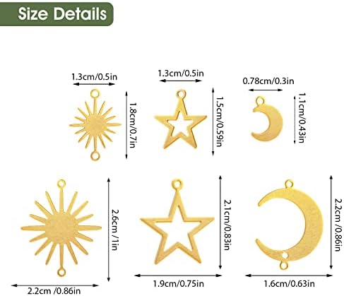 Yolev 60 Pieces Brass Links Pendants Connector Kit Gold Plated Star Sun Charms Crescent Moon Pendant Jewelry Charms with Earrings Hooks and Jump Rings for DIY Jewelry Making Findings