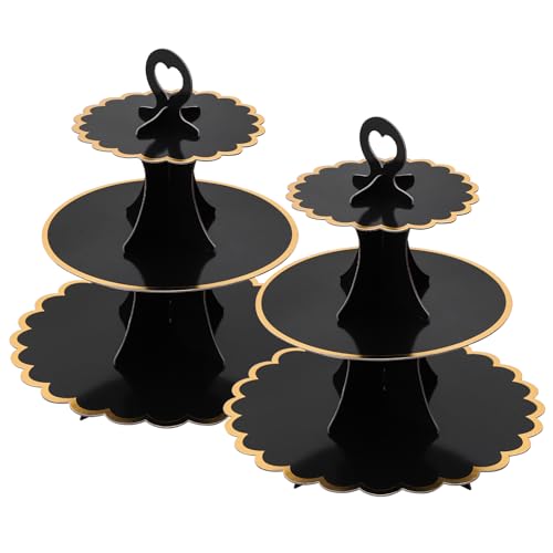 Soleebee 3-Tier Cupcake Stand, Cardboard Cupcake Tower, Cup Cake Stand Tower for Birthday Wedding Party Decoration, Cupcake Tier Stand Desserts Display 2 Set (Black Gold)