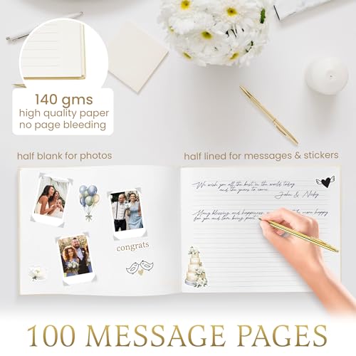 Image of Premium Wedding Guest Book with 200 Stickers - Elegant Linen Guest Sign in Book for Wedding Reception, Polaroid Photo Corners & Table Sign, Keepsake Memory Book