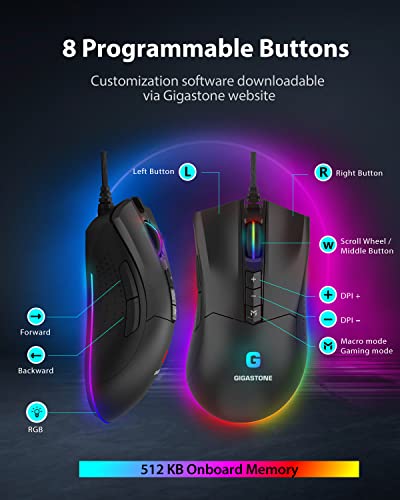 Image of Gigastone Gaming Mouse with 12,000 DPI Adjustable, RGB Backlight, Optical Sensor, 8 Programmable Buttons, RGB Gaming Mouse with 512KB Onboard Memory, Wired Gaming Mouse for Windows 7 and Up