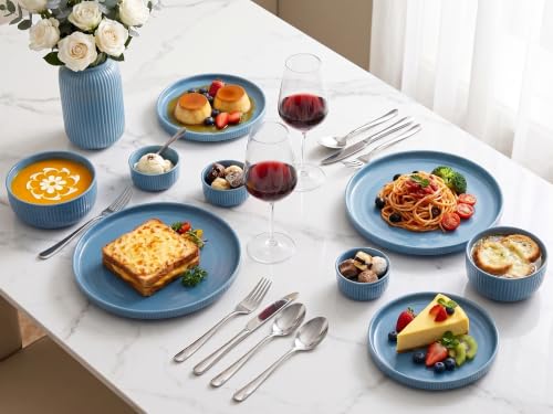 Image of Bodhi House 6-Piece Ribbed Porcelain Dinner Set for 2 with 2 Dinner Plates, 2 Quarter Plates & 2 Katori, Microwave & Dishwasher Safe, Chip Resistant Crockery Set for Home, Dining & Gifting, True Blue
