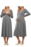 OUGES Women's Maternity Postpartum Pajamas Nursing Nightgown Cotton Blend Button Down Maternity Sleepwear Long Sleeve Labor Delivery Gown Dress Pockets Hospital Pregnancy Outfits 2025(Grey,M)