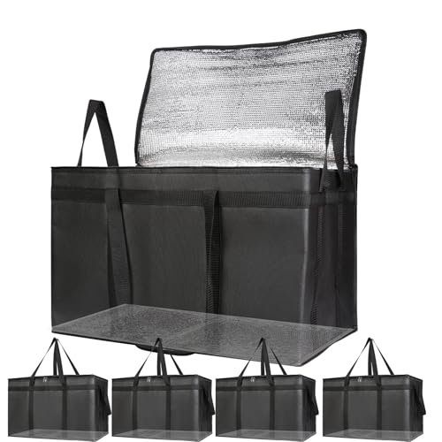 Bodaon 5-Pack Cooler Insulated Food Delivery Bag for Commercial Drivers, XXX-Large Thermal Bags for Catering/Hot Pizza, Travel/Camping/Picnic Basket, Grocery Reusable Warmer Frozen, Black, Hard Bottom
