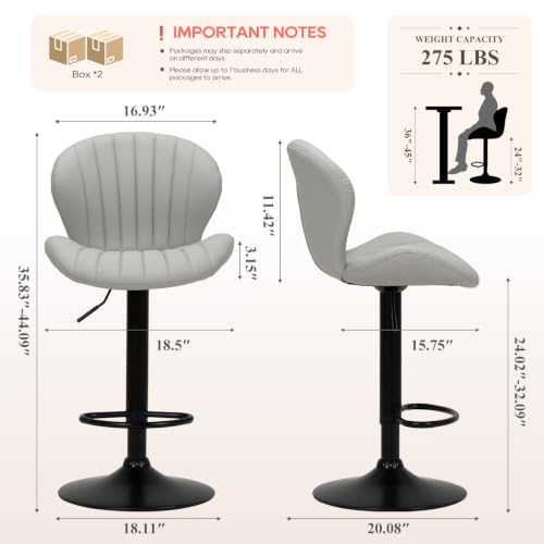 Image of COLAMY Bar Stools Set of 4,Swivel Adjustable Height Leather Bar Chair,Grey