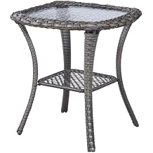 Small Outdoor Side Table - 50 LBS Weight Capacity Wicker Side Table with Storage, Tempered Glass Top Patio Side Table for Porch Balcony Deck Garden - Grey