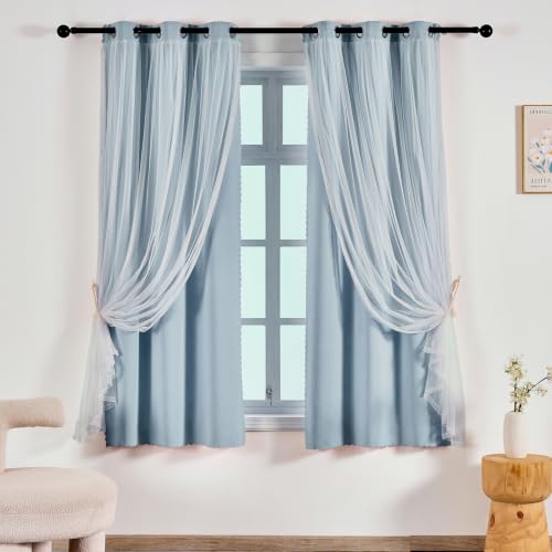 Image of Anytime Double Layer Blackout Curtains 2 Panels,35Wx63L,Sky Blue | Sheer And Fabric Window Drapes Grommet Top Solid Color Bedroom Living Room Home Decor