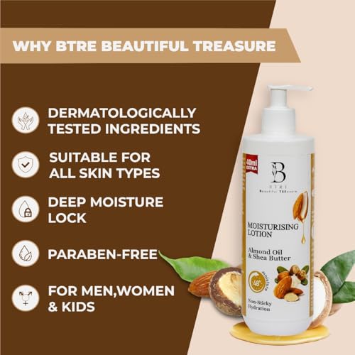 Image of BTre Almond Oil & Shea Butter Moisturising Lotion | 48Hr Non-Sticky Hydration | Non-Greasy Body Lotion | Deep Nourishing for Soft & Smooth Skin | Lightweight Daily Moisturizer for Men & Women - 400ml