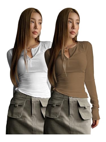 Image of Shasmi Women's & Girl's Long Sleeve Round Neck Solid Color Ruched Workwear Casual Top Half Button Down Henley T-Shirt for Women (Top 128)