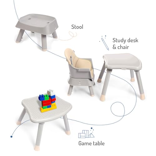 Image of Bonfino Bliss 6-in-1 Premium High Chair for Baby, Convertible Booster Seat, Study & Game Table with Removable Tray, Feeding Chairs for 6 Months to 3 Years, 5-point Safety Harness, Anti Skid Legs (Grey)