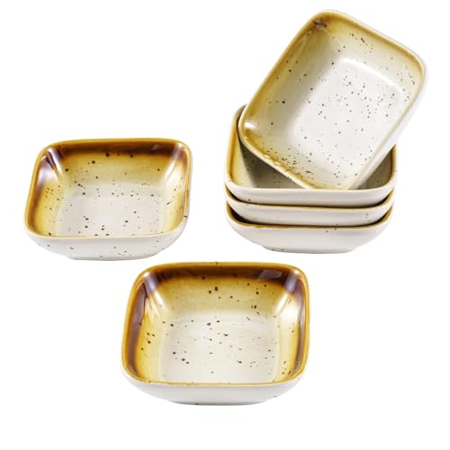 All-Pie Set of 6 Ceramic Sauce Dish (3.5 inch),Small Teabag Holder Dish,Condiment Dishes,Jewelry Holder,Sushi Soy Dipping Bowl,Snack Serving Dishes, Mini Saucer Set (Square White)
