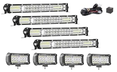 LED Light Bar Kit for Truck, (4) 12 Inch 120W Slim Light Bars, (4) 7 Inch LED Pods, (1) Wiring Harness, 12V 24V Car Truck ATV Tractor Work Lights, Waterproof Car Off Road Driving Lighting