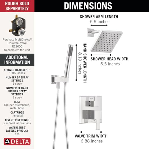 Image of Delta Modern Square Shower System Faucet Set, Chrome 6.5-inch Shower Head and Handle Set, Valve Trim Kit, Chrome T342703 (Valve Not Included)